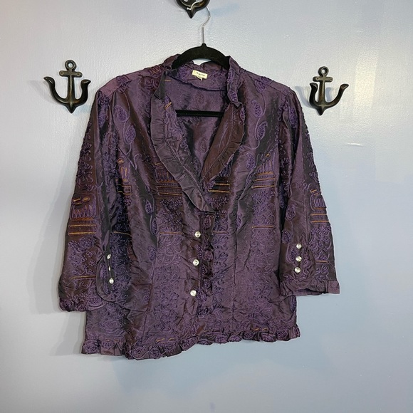 Angora Textured Purple Embroidered Rhinestone Button Blazer Size L - Picture 1 of 7